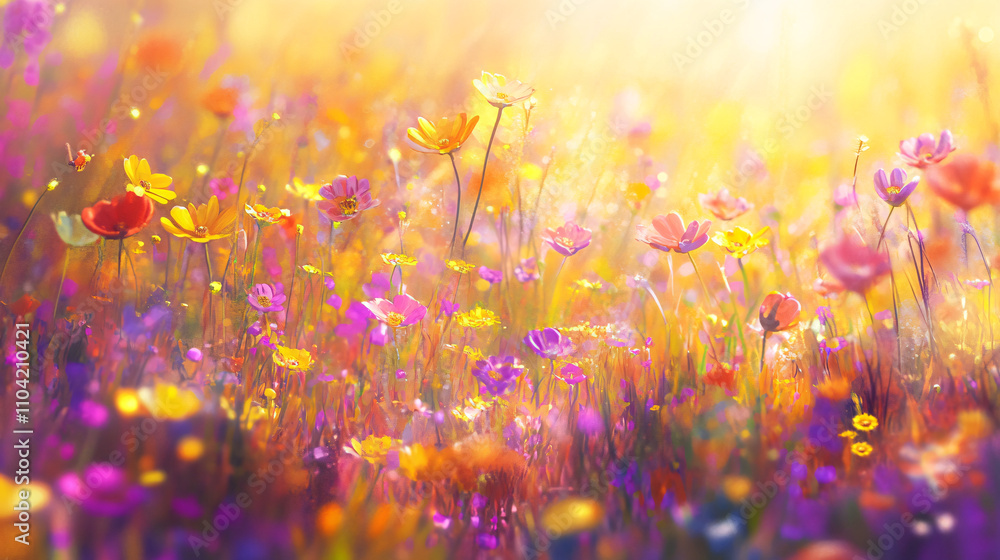 Poster a vibrant field of abstract flowers showcases a mesmerizing blend of colors and light, creating a dr