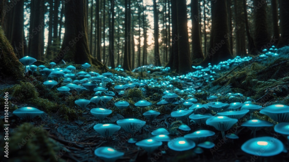 Aufkleber a serene forest scene illuminated by glowing mushrooms, creating a mystical atmosphere.