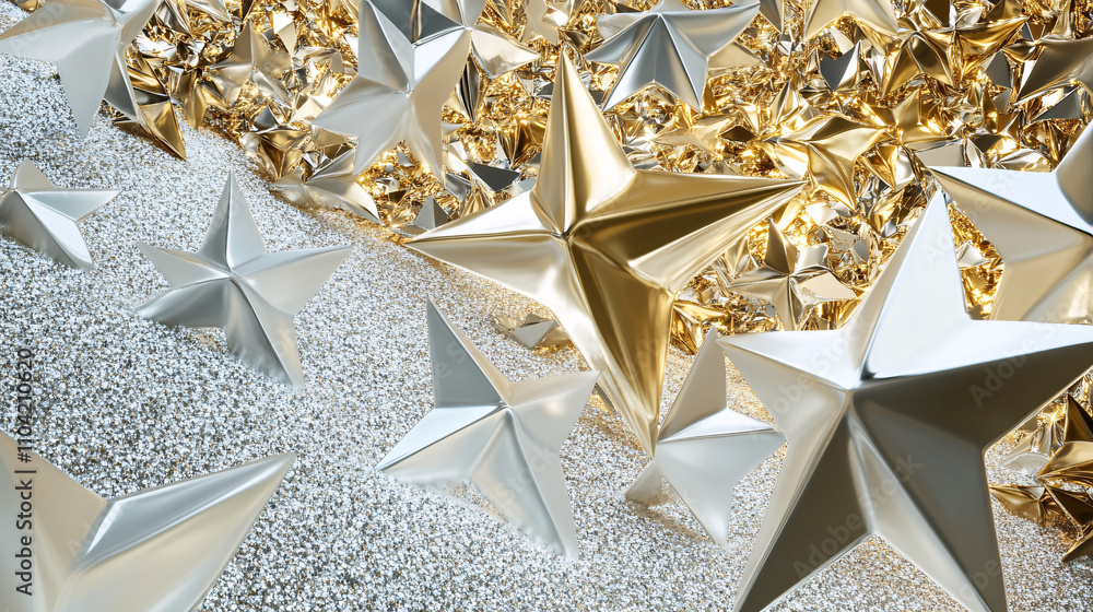 Poster abstract background featuring bold metallic stars in silver and gold tones, creating a dynamic and l