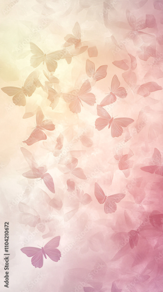 Poster abstract background featuring delicate butterflies in soft pink and pastel hues, creating a dreamy a