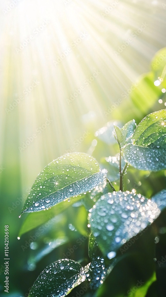 Poster abstract background featuring dewdrops on fresh green leaves illuminated by sunlight creating a sere