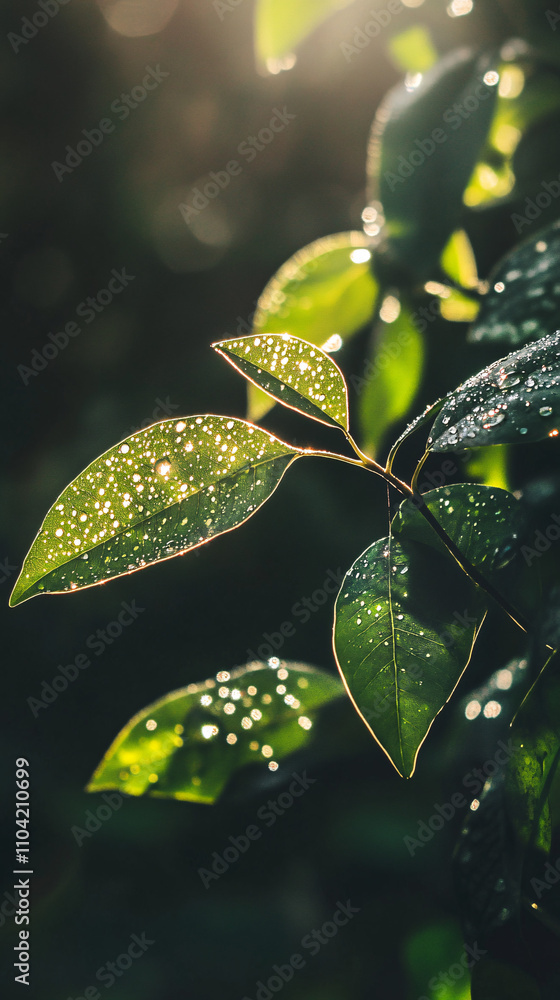 Poster abstract background featuring dewdrops on fresh green leaves illuminated by sunlight creating a sere