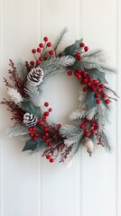 Holiday wreath with red berries and green leaves displayed on a white wall