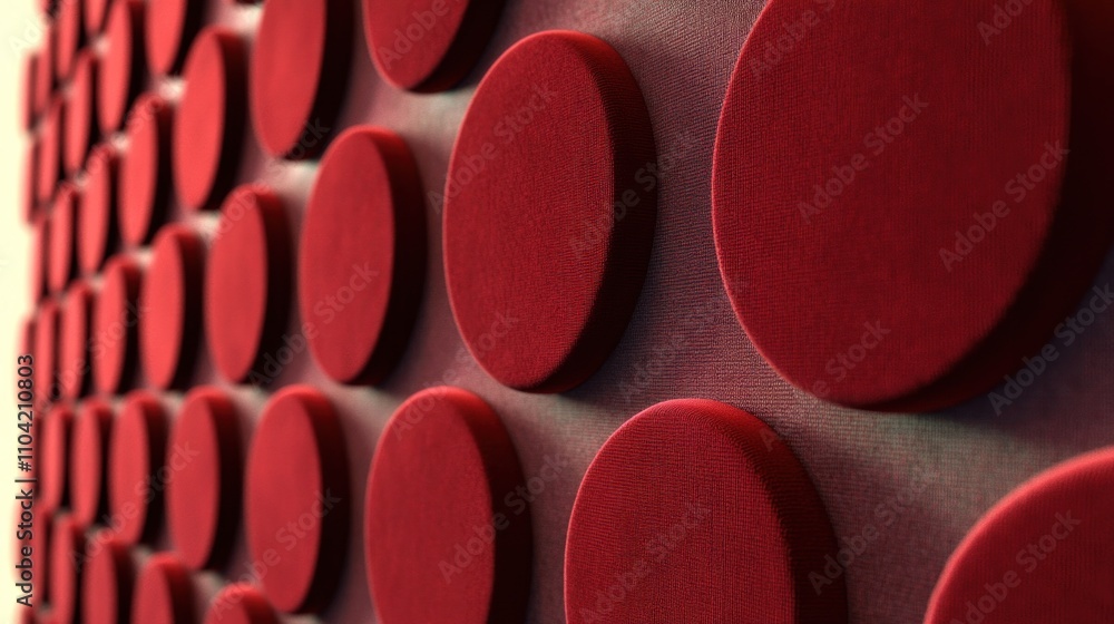 Poster close-up of a textured wall featuring circular red elements arranged in a pattern.