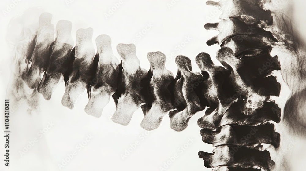 Poster x-ray image of a human spine showing vertebrae and intervertebral spaces.