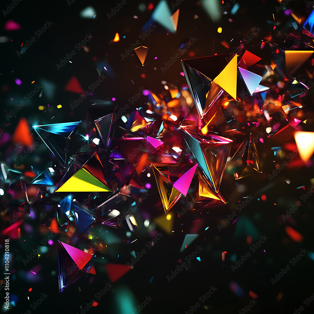 Fototapete Abstract Colorful Geometric Shapes Exploding in Dark Background. A vibrant, dynamic image showcasing a multitude of colorful, geometric shapes, predominantly triangles, in a dark setting.