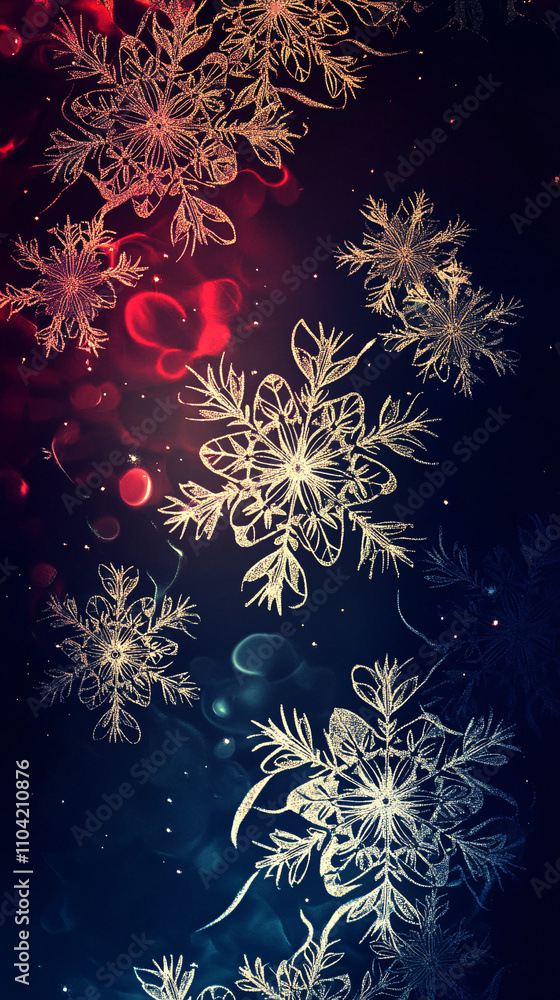 Poster intricate gold snowflakes delicately float against a rich abstract background of deep colors and sof