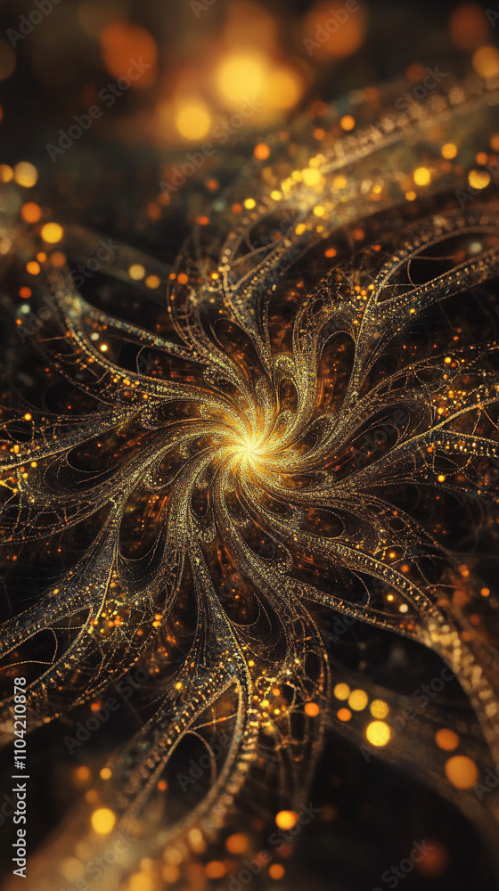 Poster an abstract background featuring intricate glowing patterns and golden sparkles creates a mesmerizin