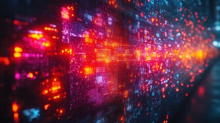 Obraz premium Abstract digital landscape with vibrant lights and patterns, suggesting technology and data flow.