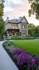 Luxurious historic mansion surrounded by blooming gardens during sunset