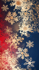 Vibrant abstract background featuring intricate gold snowflakes against a rich blue and red backdrop creating a festive and elegant atmosphere