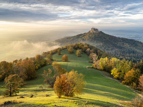 Hohenzollern Castle seen from Zeller Horn in autumn season, Swabian Jura, Germany