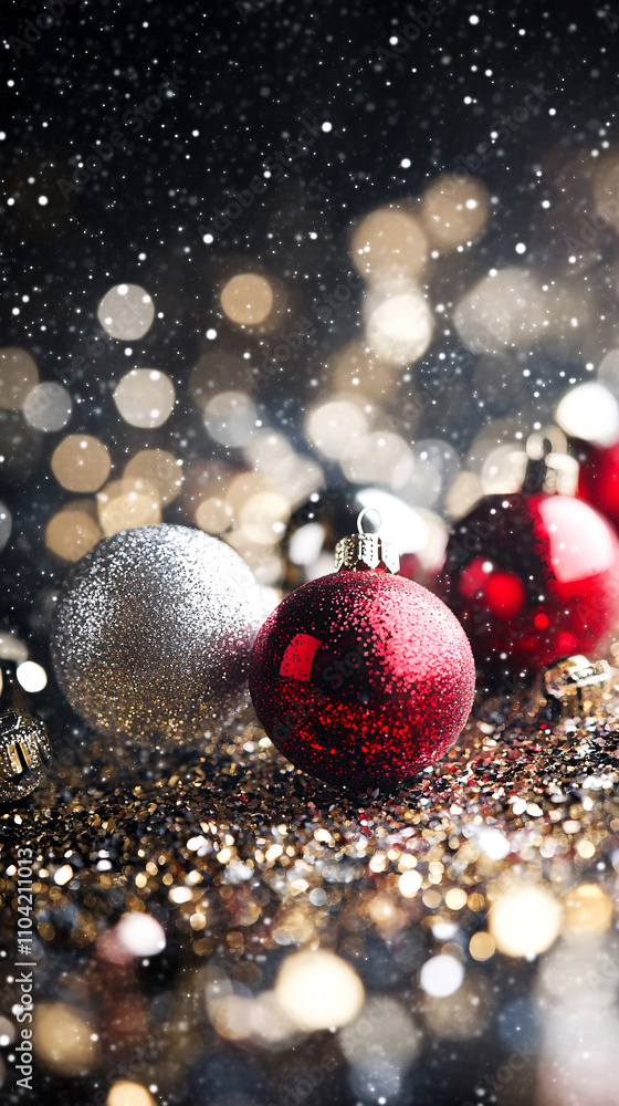 Aufkleber sparkling silver and red ornaments rest on a shimmering surface, surrounded by soft bokeh lights and