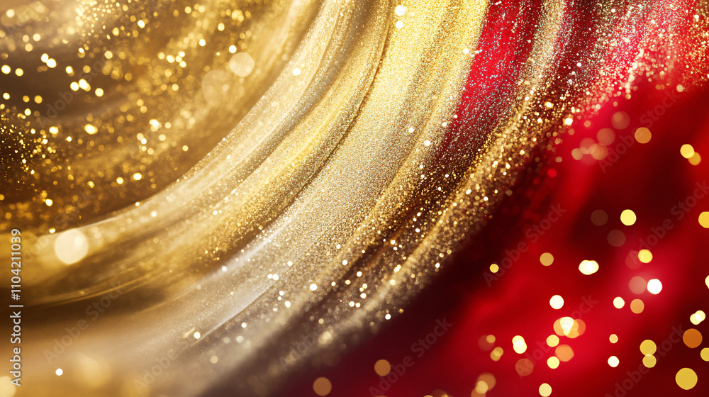 Poster abstract background featuring swirling metallic shades of gold and red with shimmering glitter creat
