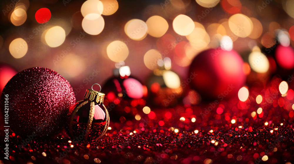 Aufkleber vibrant red ornaments are beautifully arranged against a sparkling background filled with warm bokeh