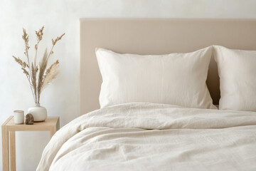 Minimalistic Japandi, modern Scandinavian style bedroom interior with bed headboard, white linen bedding, bedside table and natural decorations, closeup