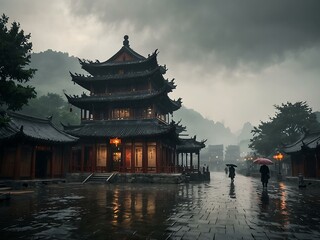 Fototapeta premium Ancient Chinese city with fog and rain.