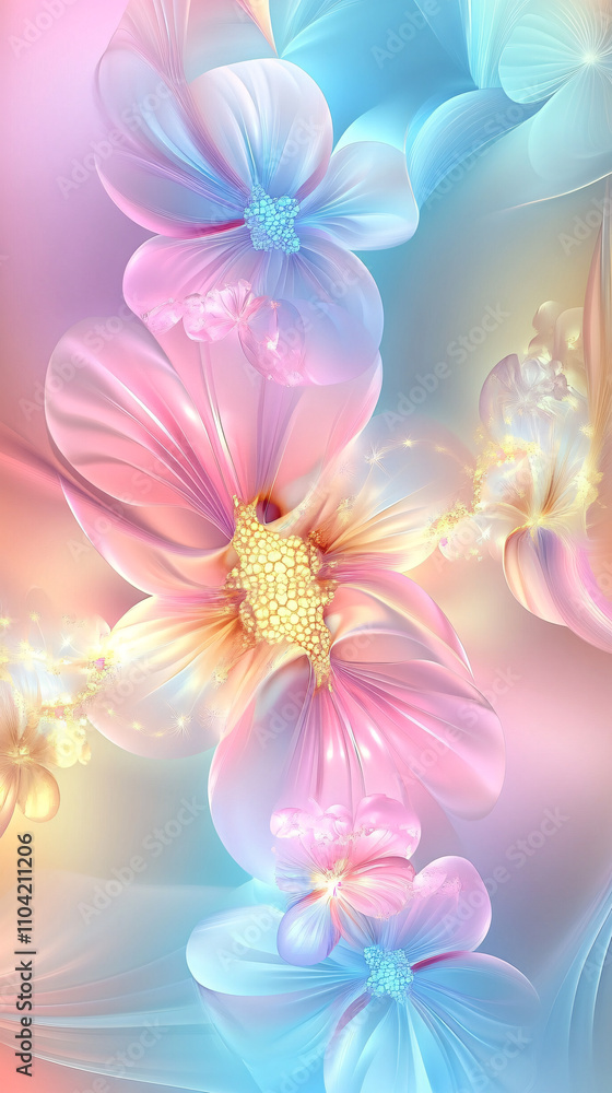Poster whimsical floral patterns blend in soft pastel hues, creating a dreamy and abstract background full 