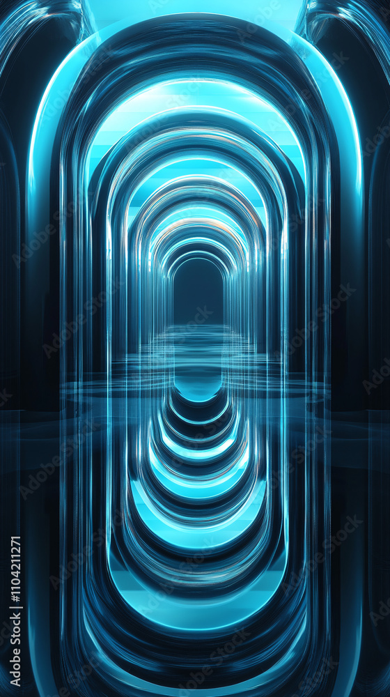 Poster futuristic abstract background featuring luminous arches reflected in water, creating a sense of dep