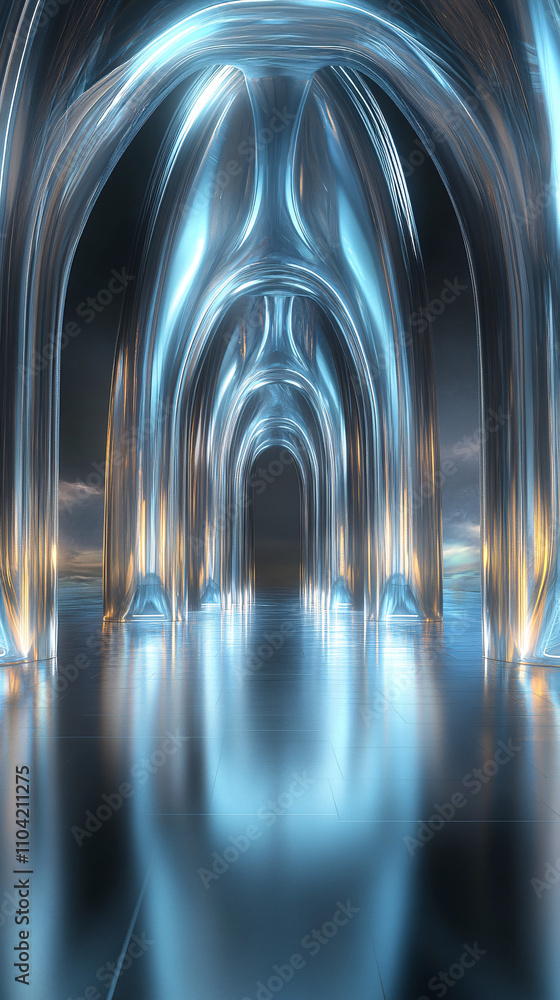 Poster a futuristic abstract background features arching shapes with a glossy, reflective surface creating 