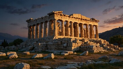 Ancient Greek ruins at dusk.