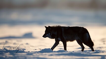 A lone wolf strides across a snow-covered plain, silhouetted against the setting sun. 