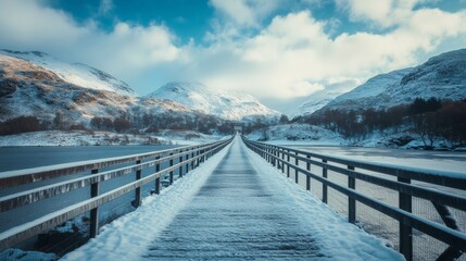 Obraz premium Snowy Bridge Over Mountains: A Winter Wonderland Adventure Awaits You