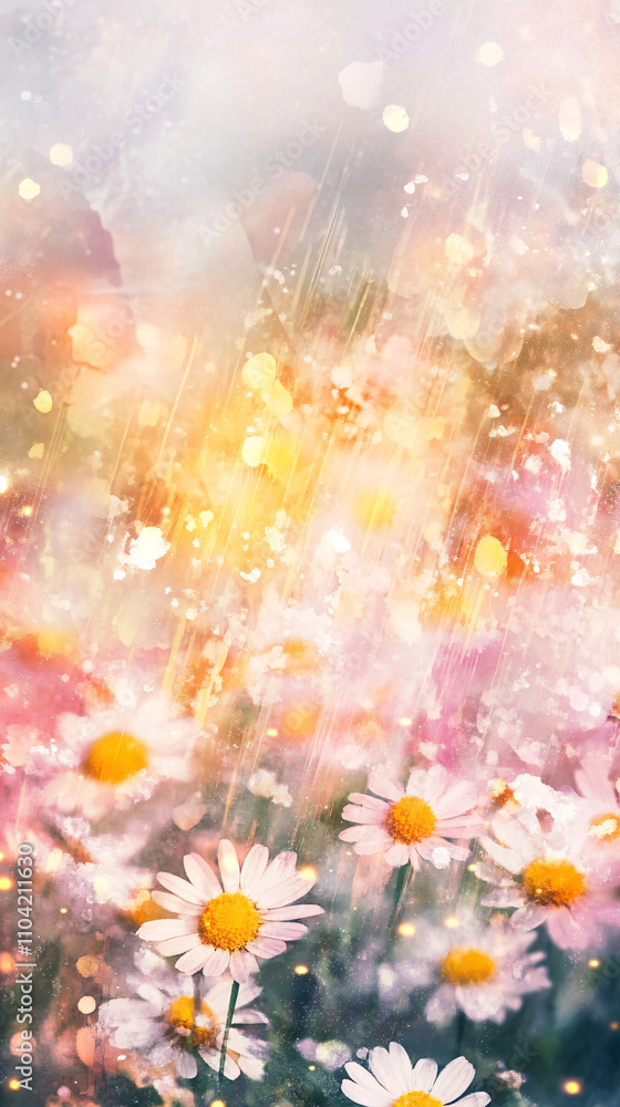 Poster colorful abstract background features glowing light streaks and soft bokeh effects with daisies in a