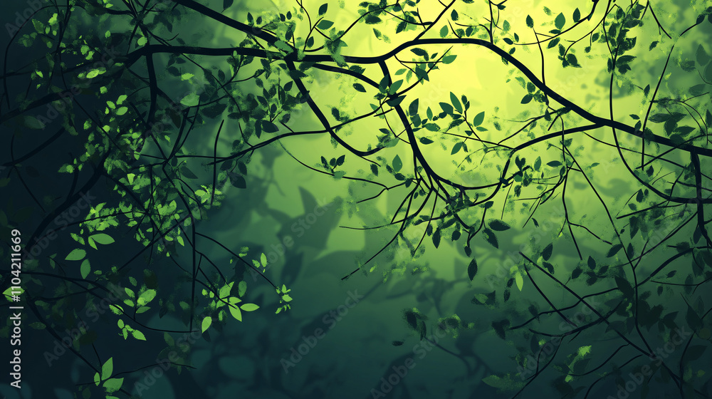 Poster glowing morning light filters through a canopy of leaves, creating an abstract forest atmosphere wit