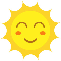 Illustration of a bright yellow sun with a smiling face, closed eyes, rosy cheeks, and rays extending outward.
