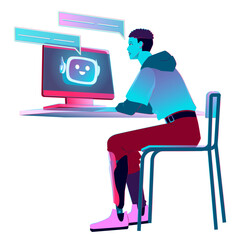 Young man communicating with artificial intelligence through a computer