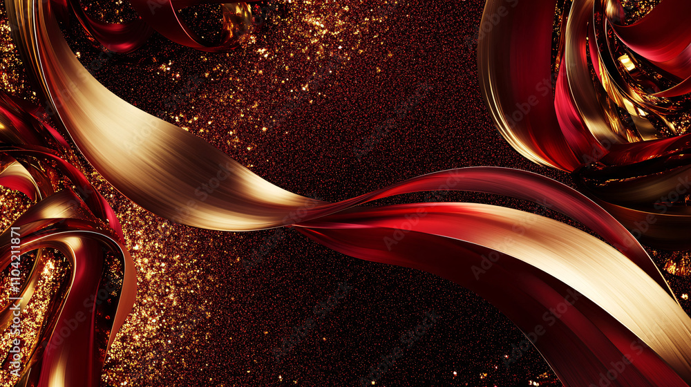 Poster luxurious gold and red ribbons elegantly swirl against a sparkling dark background, creating an abst