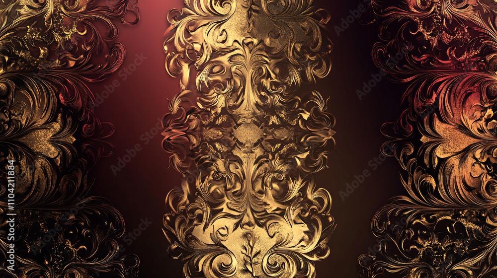 Poster abstract background showcases intricate patterns in metallic gold against a deep burgundy backdrop, 
