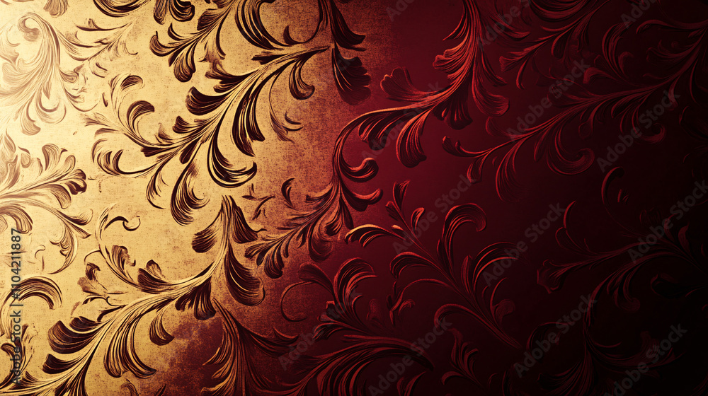 Poster a rich abstract background features metallic gold and deep burgundy tones with intricate floral patt