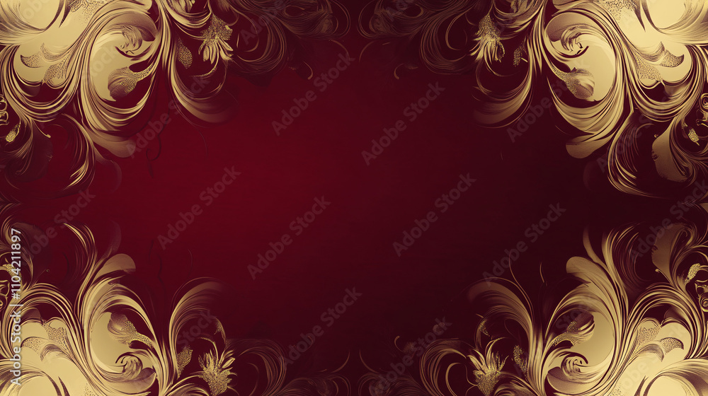 Poster a rich background features metallic gold swirling patterns on a deep burgundy surface, creating an e