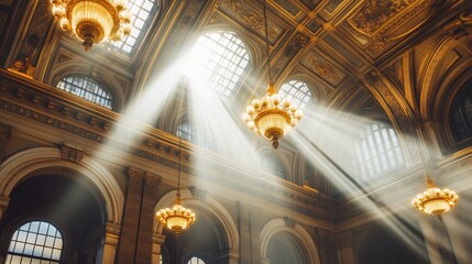 Obraz premium A grand interior with ornate chandeliers and sunlight streaming through large windows.