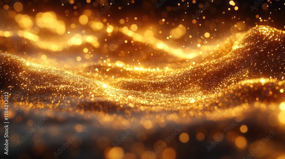 Poster a shimmering wave of golden particles creating a mesmerizing, ethereal effect.