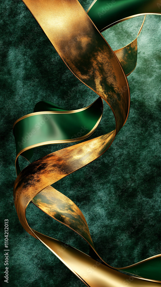 Poster elegant metallic gold ribbons twist against a deep green textured background creating a sense of flu