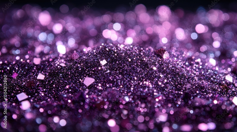 Poster a close-up view of shimmering purple glitter, creating a mesmerizing and vibrant texture.