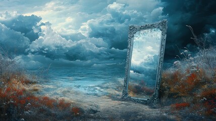 A surreal landscape featuring a large ornate mirror reflecting a stormy sky over a calm sea, surrounded by barren earth and grass.