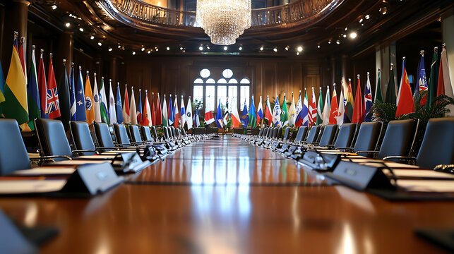 Global leaders gather for climate change summit with flags representing various nations in a formal setting