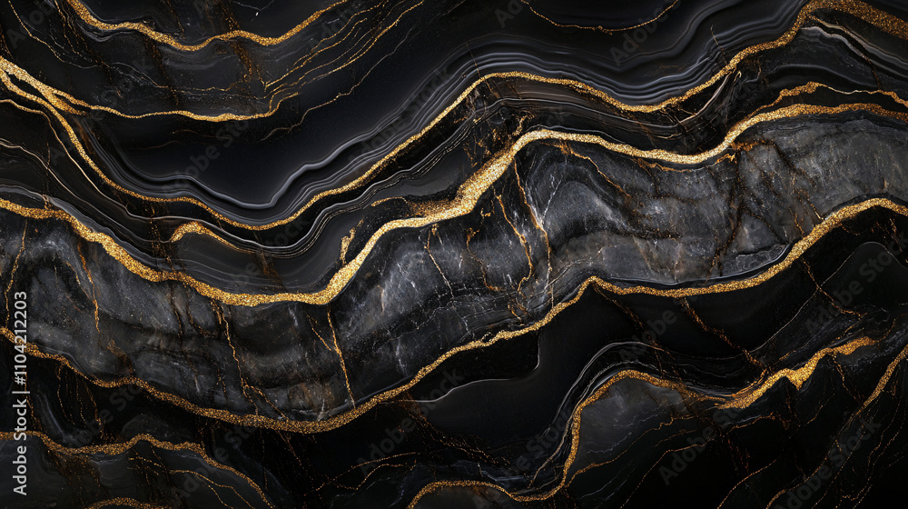 Poster abstract background of rippling gold waves over dark marble with elegant patterns and textures creat