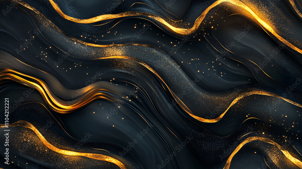 Poster abstract background features rippling gold waves over a deep black surface, creating a luxurious and