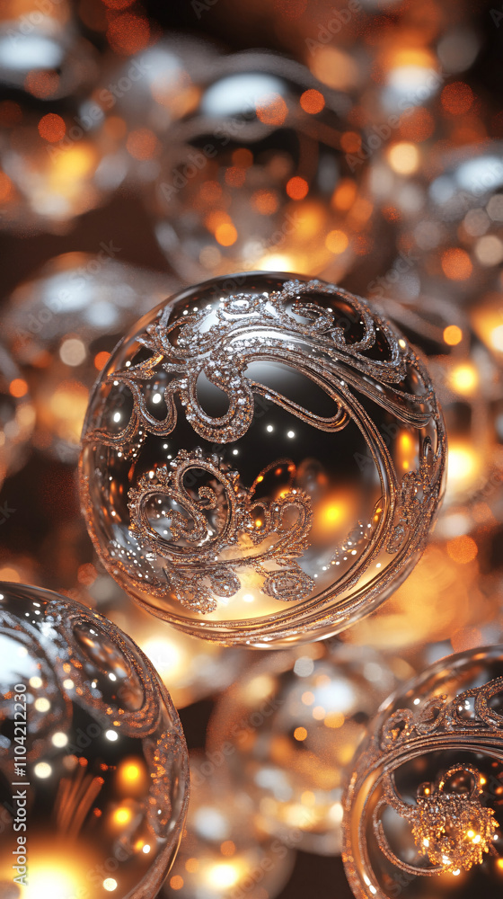 Poster abstract background of shimmering holiday ornaments with intricate designs reflecting warm light and
