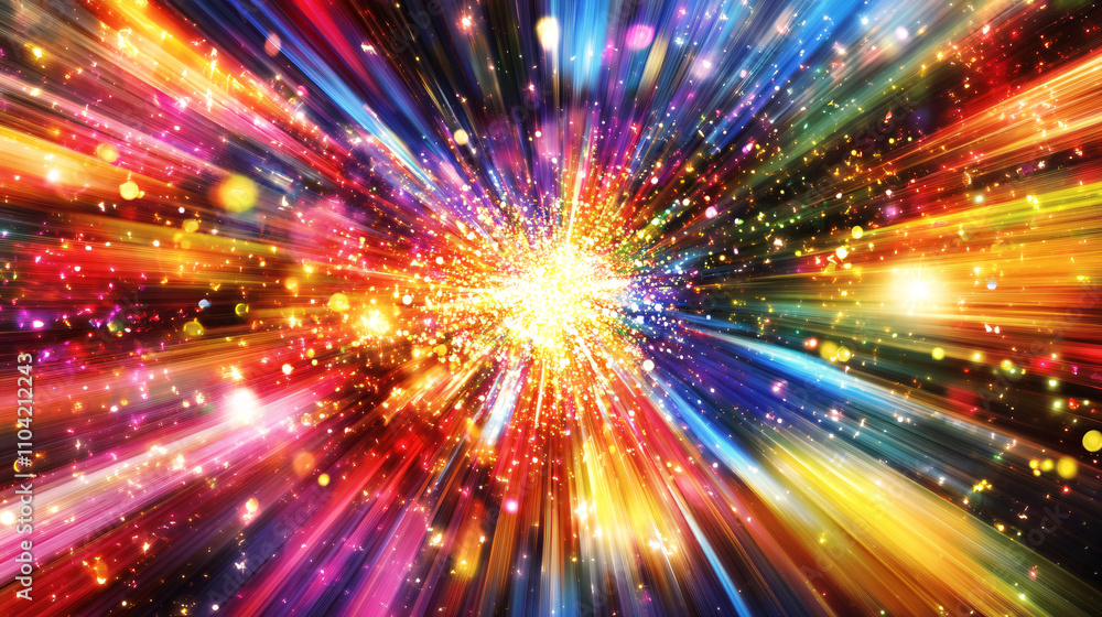 Poster colorful abstract background of shimmering sparkles radiates outward in vibrant rays creating a fest