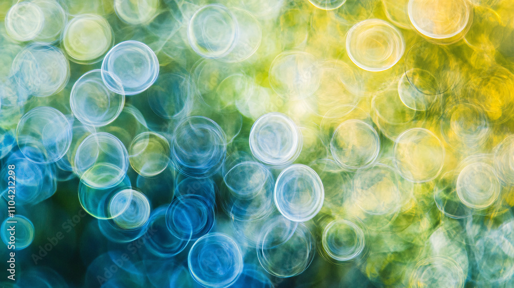 Poster soft bokeh circles create an abstract background with a blend of blue and yellow hues, evoking a dre