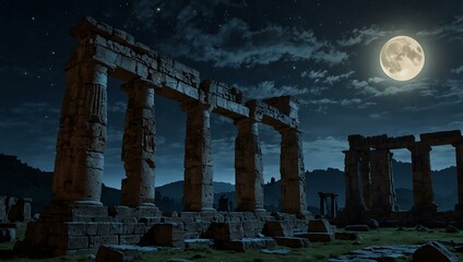 Fototapeta premium Ancient ruins under mystical moonlight.