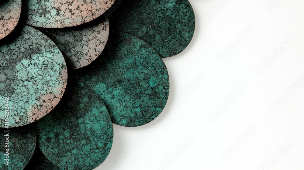 Poster abstract design featuring circular shapes with textured surfaces in green and brown tones.