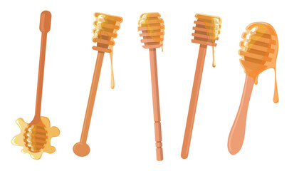 Set of wooden spoons-spindles for honey in cartoon style. Vector illustration of special spoons for scooping honey, different shapes with dripping drops isolated on white background. Tea party.