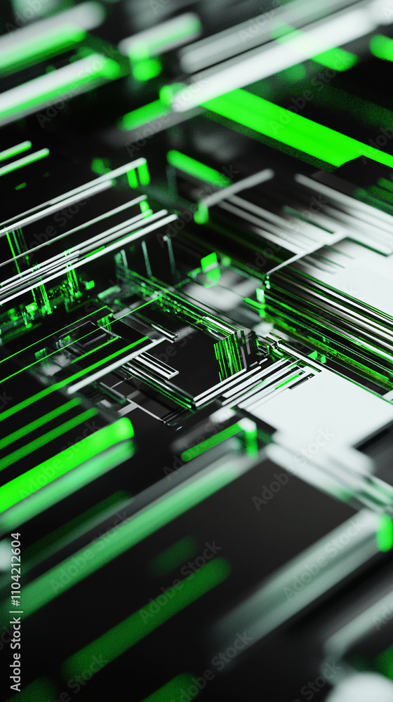 Poster an abstract background showcasing minimalistic technology with sharp lines and vibrant green accents